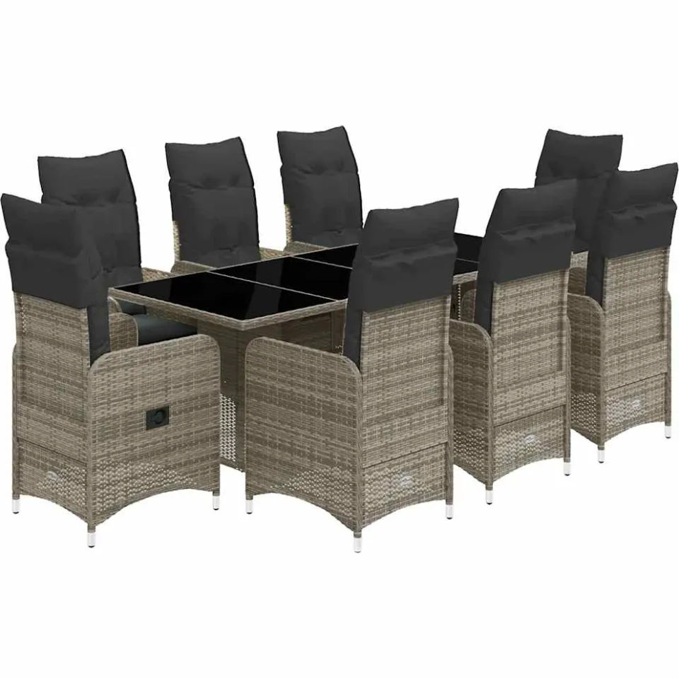 vidaXL 9-delige Bistroset met kussens poly rattan grijs, foto 3