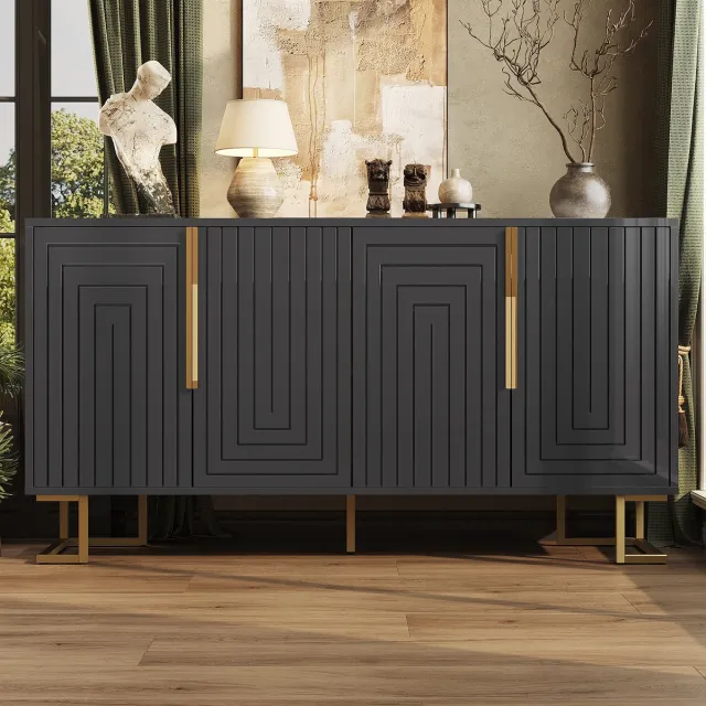 REDOM Dressoir - Geometrisch Frontdesign - Modern - Voor Woonkamer Of Eethoek - MDF - Zwart - 152 x 40 x 75 cm