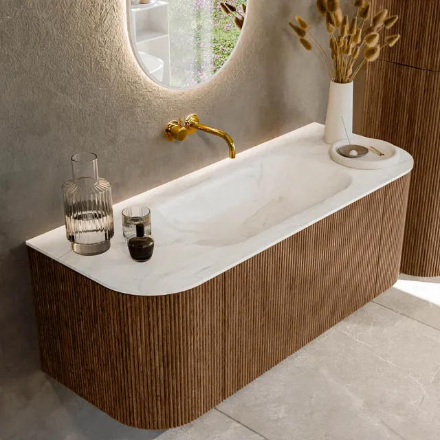 Mondiaz KURVE-DLUX 120 cm Onderkast Greeploos 1 Lade Met Deuren Walnut, Wastafel Solid Surface Midden Ostra 0 Kraangaten Zonder Spiegel (KRVBGS120L+R1L2D0KM-Wal/Ost)