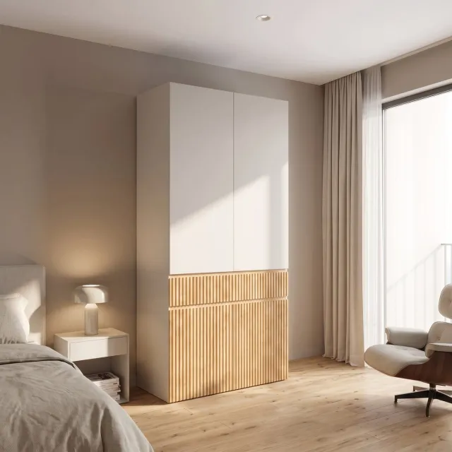COVREO Kledingkast met 4 deuren – Garderobekast met stang – Opbergkast voor slaapkamer – 90x50x200 cm – Lichtgrijs/naturel Lichtgrijs en naturel
