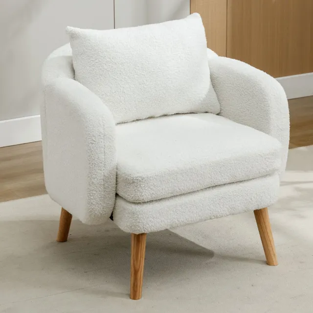 Zubaliya Teddy stoffen fauteuil met kussen - relaxfauteuil met dik zitkussen - 1-persoons - 4 kleuren beschikbaar - afneembaar rugkussen - massief houten poten - 150 kg draagvermogen Wit