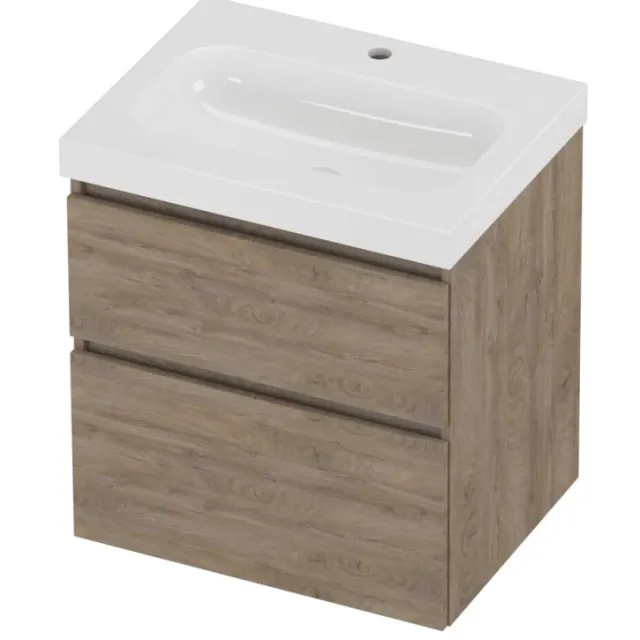 Proline Haga Badmeubelset Polystone Mezza 1 Kraangat Asymmetrisch 60x46x66 cm Glans Wit Raw Oak Eiken