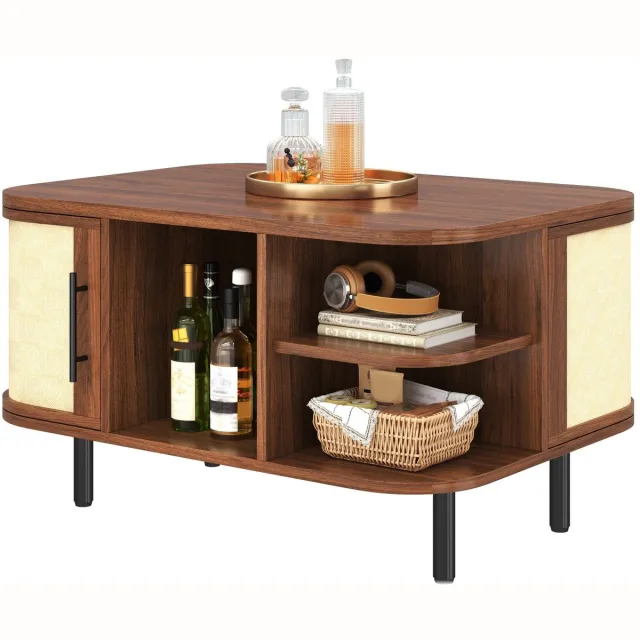 Merax Salontafel Walnootkleur met Opbergruimte – 80 x 60 x 47 cm – Gebogen Woonkamertafel met Gevlochten Deuren - Open Vakken en Metalen Poten Bruin