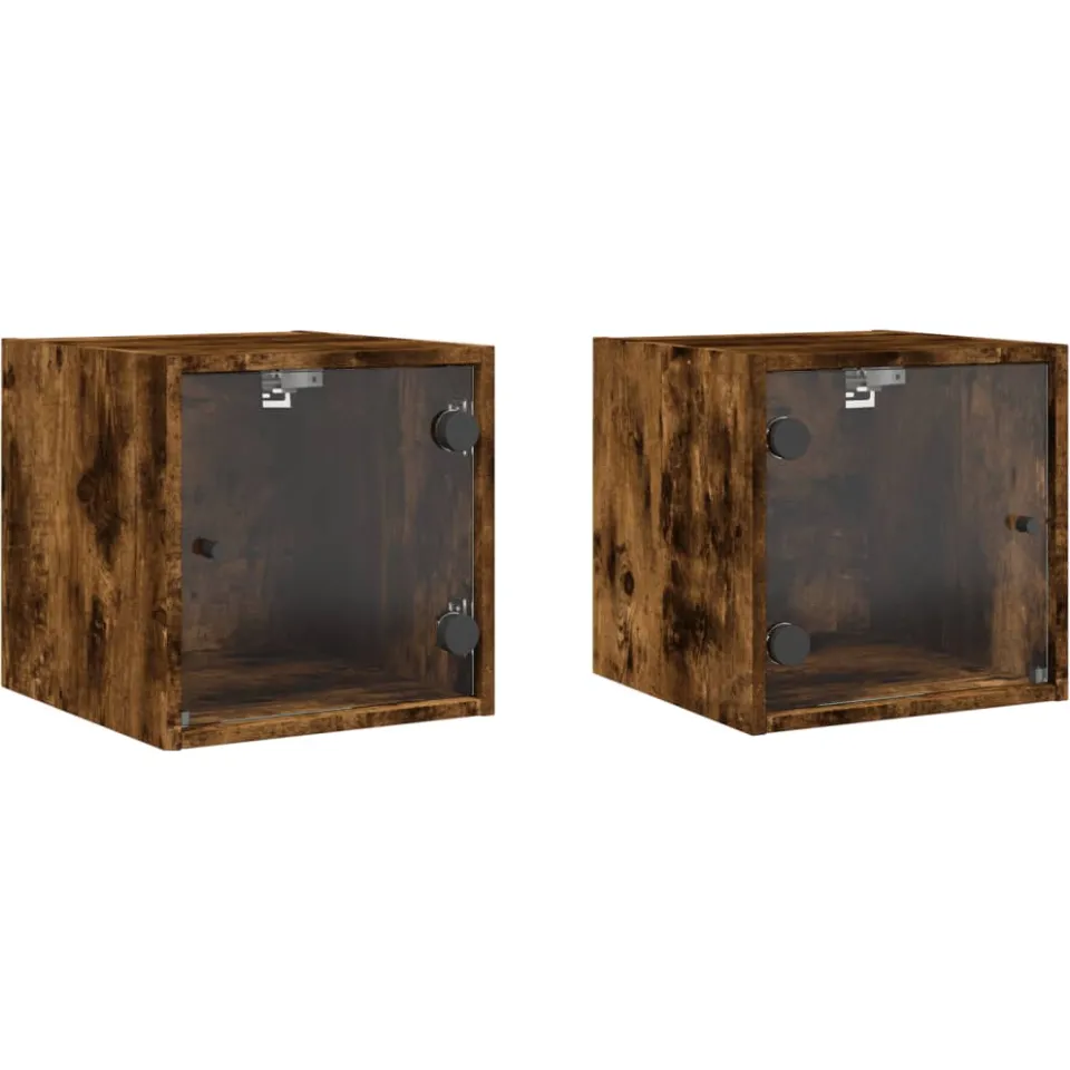 vidaXL Nachtkastjes met glazen deuren 2 st 35x37x35 cm gerookt eiken Bruin