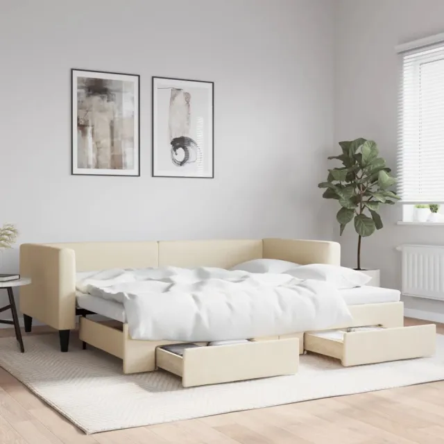 vidaXL Slaapbank met onderschuifbed en lades 90x200 cm stof crèmekleur