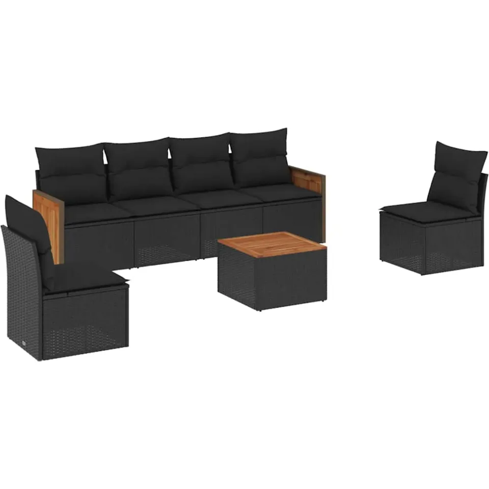 vidaXL 7-delige Loungeset met kussens poly rattan zwart, foto 3