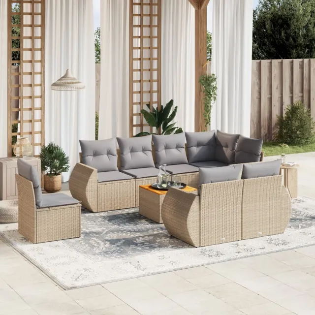 vidaXL 9-delige Loungeset met kussens poly rattan beige, foto 2