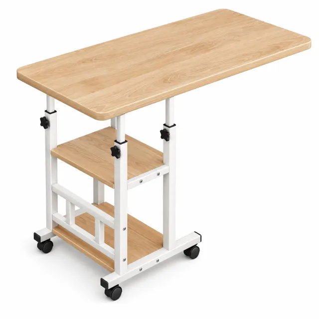 Varnivo Verrijdbare Laptoptafel - In Hoogte Verstelbaar 69-90 cm - 80x40 cm Walnoot Computertafel met Wielen, Rem & 2 Legplanken - Bedtafel & Bijzettafel