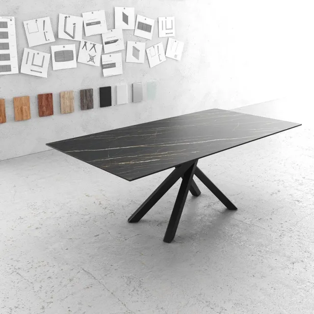 DELIFE Eettafel Edge Laminam® keramiek bruin 200x100cm middenvoet kruis zwart