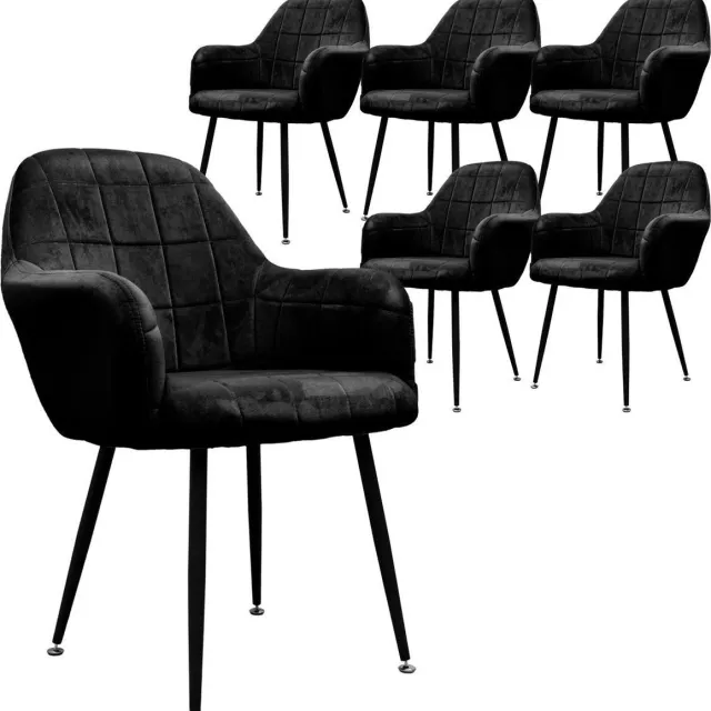 ecd germany Set van 6 Eetkamerstoelen met rugleuning en armleuningen Zwart Fluwelen Zitting Metalen Poten Keukenstoelen Woonkamerstoeltjes Woonkamerstoeltjes Gestoffeerde stoeltjes Fauteuils