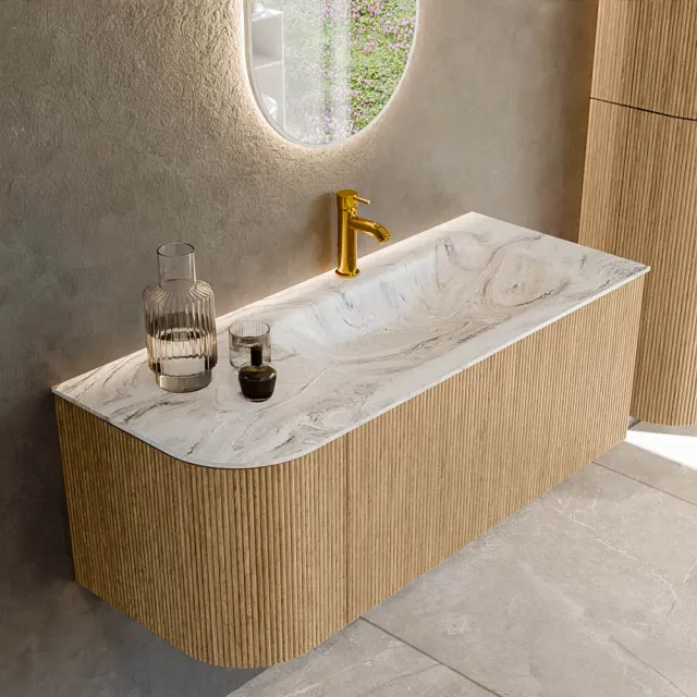 Mondiaz KURVE-DLUX 115 cm Onderkast Greeploos 1 Lade Met Deuren Oak, Wastafel Solid Surface Rechts Glace 1 Kraangat Zonder Spiegel (KRVBGS115L1L1D1KR-Oak/Gla)