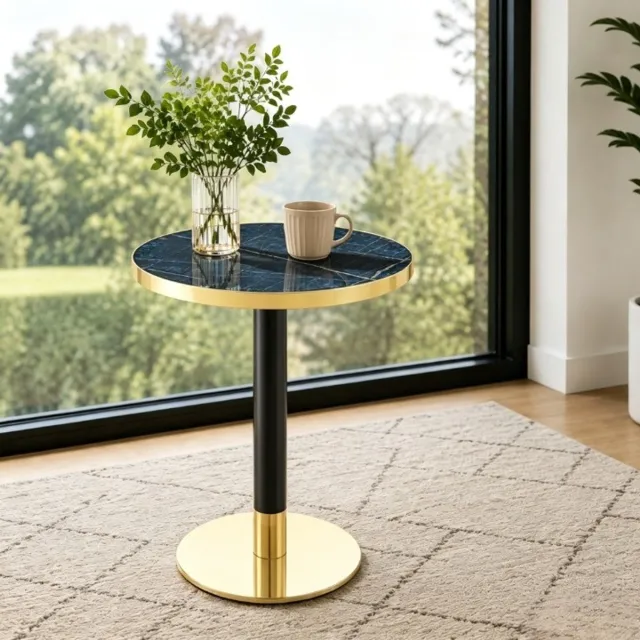 HAUSS SPOLE Bijzettafel - Ronde Marmerlook Tafel Met Gouden Rand - Voor Woonkamer Slaapkamer Of Balkon - MDF En Metaal - 60 x 73,7 Cm - Blauw