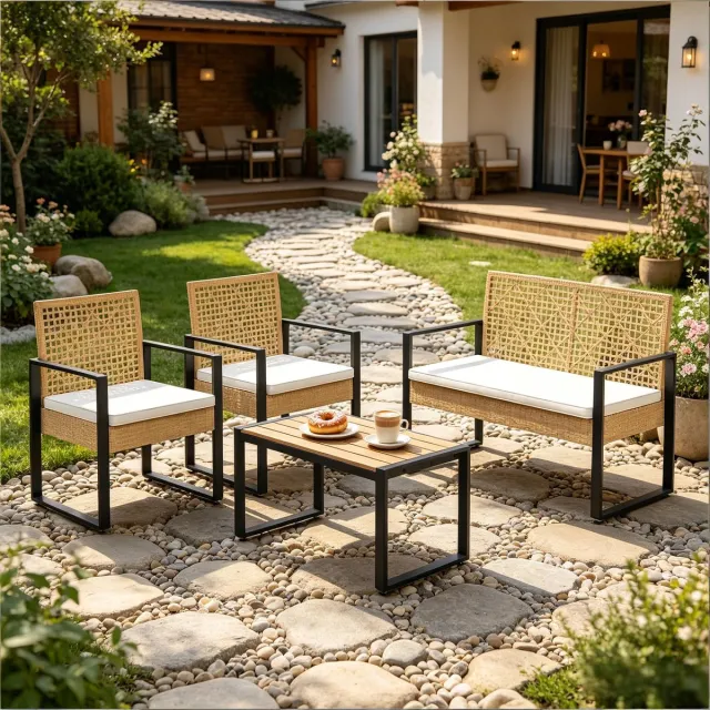 MIVRAY Loungeset 4-Delig - Modulair Met 2-Zitsbank, 2 Fauteuils En Tafel - Voor Tuin, Balkon En Terras - PE Rotan Metaal Naturel Hout