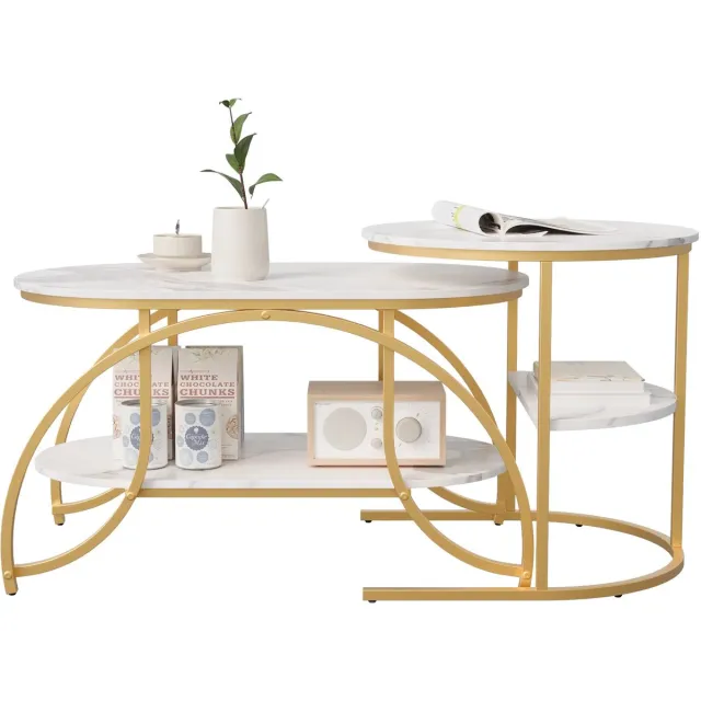 Happiq Set 2-delig Salontafel Goud – Moderne Koffietafel Gold White