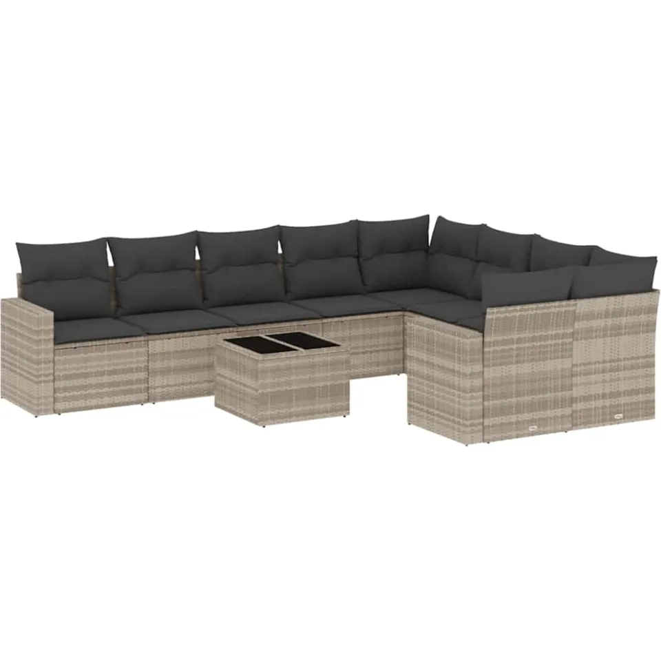 vidaXL 10-delige Loungeset met kussens poly rattan lichtgrijs grijs