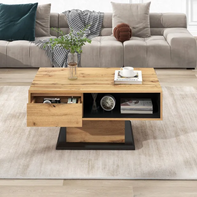 HAUSS SPOLE Salontafel - Houtlook Met Greeploze Lade En Opbergruimte - Voor Woonkamer Of Kantoor - Spaanplaat - 100x60x47 Cm - Naturel Antraciet