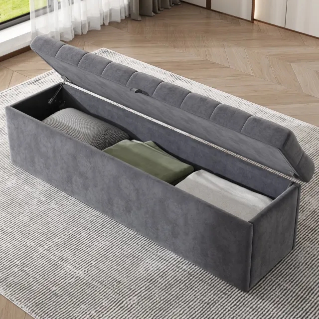 HAUSS SPOLE Voetenbankje 138x41x41 cm - Opbergbankjes Met Gestoffeerde Zitting - Fluweel - Grijs Zwart