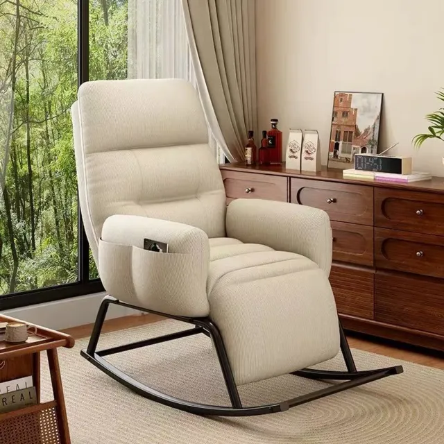 learnlogic Extra grote crèmekleurige schommelstoel met verstelbare rugleuning en voetensteun geschikt als leesstoel voor buiten en als relaxstoel voor binnen comfortabele corduroy schommelstoel ideaal voor terrassen veranda's balkons en woonkamers Off-white