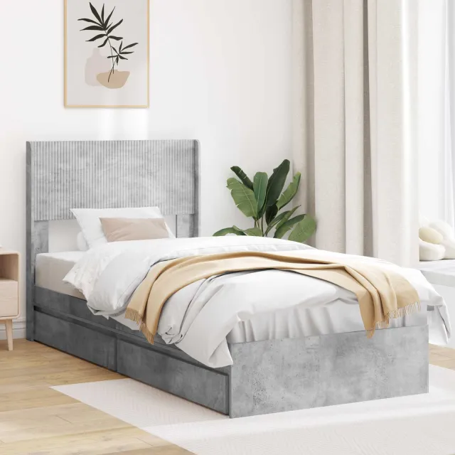 vidaXL Bedframe met opbergruimte en hoofdbord Betongrijs 90 x 190 cm