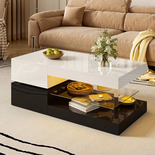 MEUNIQ Salontafel 90 x 45 x 35,5 cm met LED-verlichting, app- en Bluetoothbediening, glazen legplank en hoogglans zwart-wit voor woonkamer
