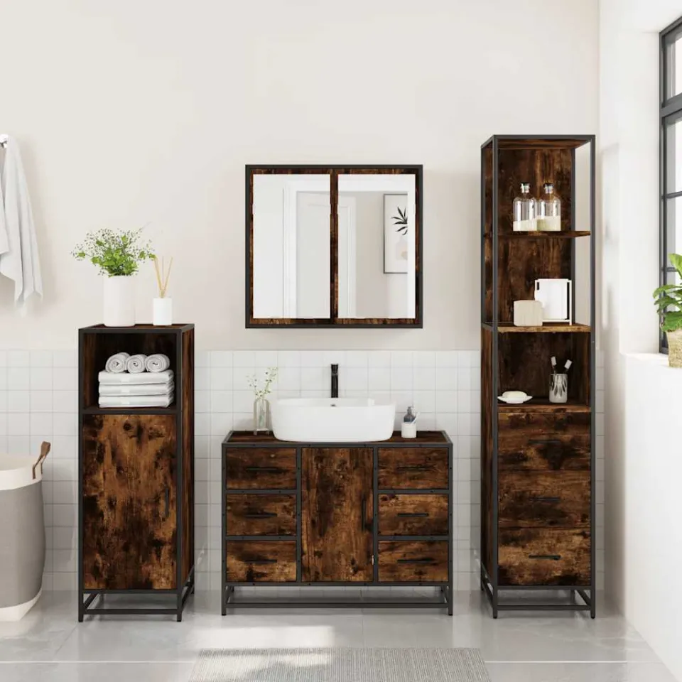 vidaXL 3-delige Badkamermeubelset bewerkt hout gerookt eikenkleurig, foto 4