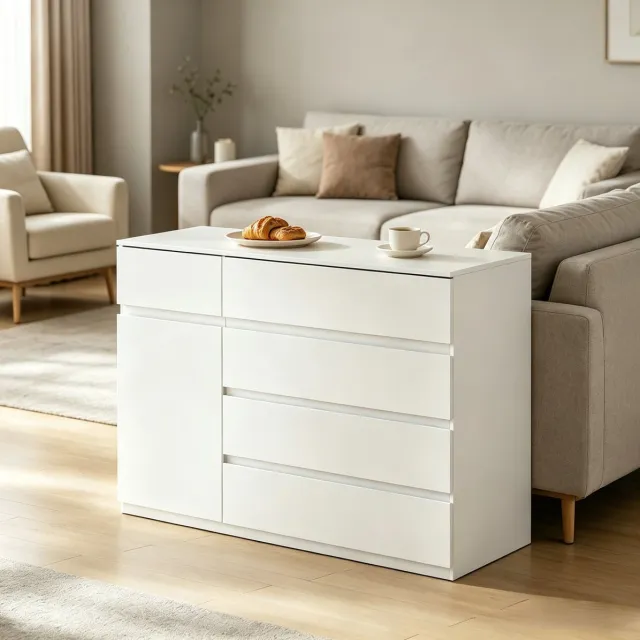 MEUNIQ dressoir 100 x 40 x 80 cm met lades en kastdeur, verstelbare plank, wit, opbergkast voor slaapkamer, woonkamer, hal of keuken