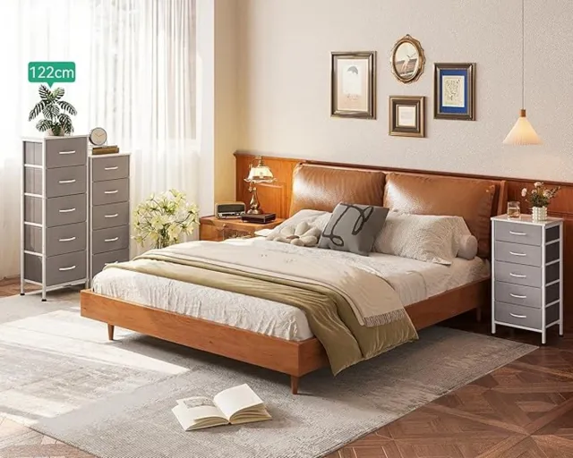 Thuys Commode met 5 Stoffen Lades – 40x30x120 cm, Slanke Ladekast voor Slaapkamer & Woonkamer met Verstelbare Poten & X-Balk | Lichtgrijs