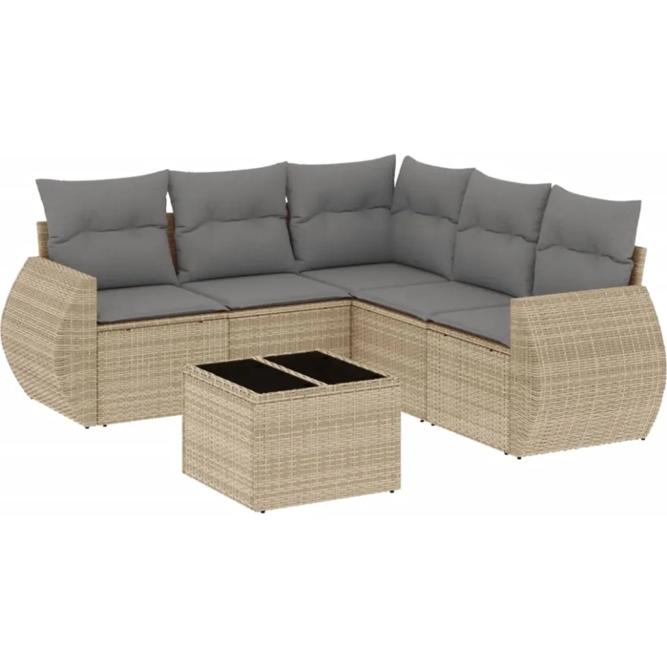 vidaXL 6-delige Loungeset met kussens poly rattan beige, foto 4