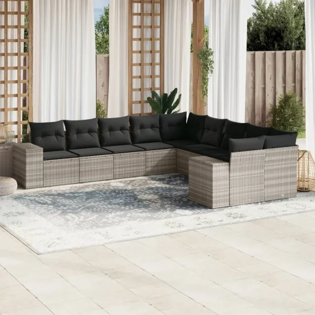 vidaXL 10-delige Loungeset met kussens poly rattan lichtgrijs grijs, foto 2