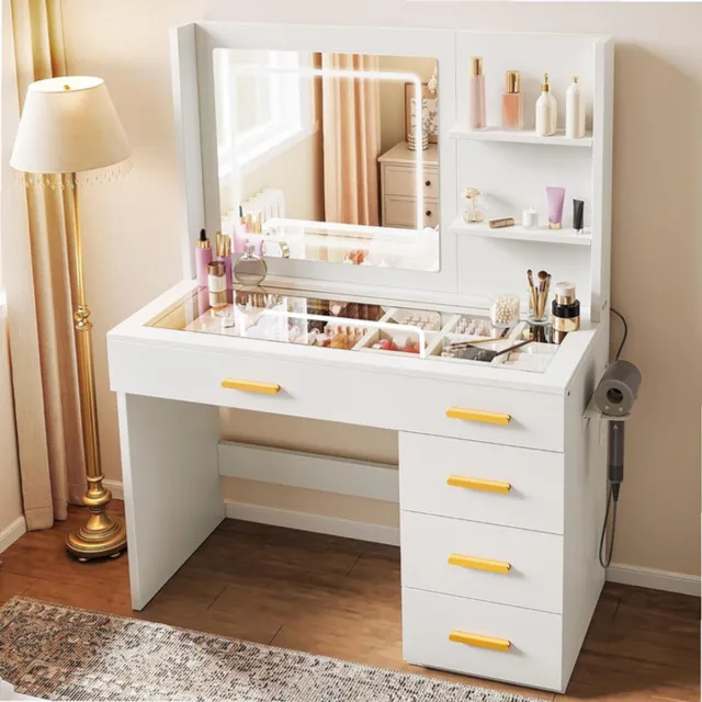 Sierra , Make-uptafel met verlichting, kaptafel met spiegel, kaptafel met kruk, kleuren met instelbare helderheid, kaptafel met 5 laden, open vakken, Vanity Table, wit wit 5 laden