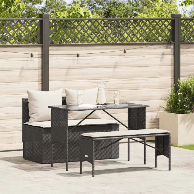 vidaXL 3-delige Tuinset met kussens poly rattan zwart, foto 2