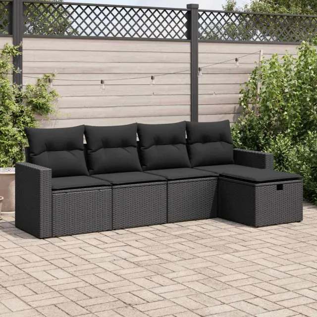vidaXL 5-delige Loungeset met kussens poly rattan zwart, foto 2