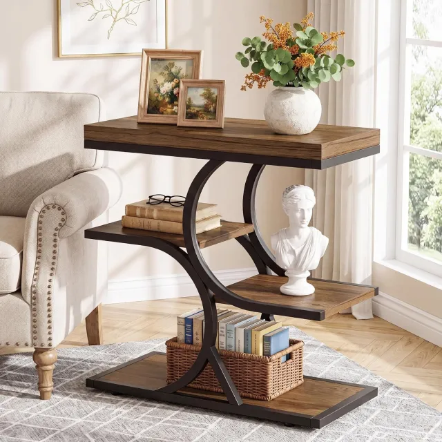Tribesigns smalle Bijzettafel - Sidetable met 4 niveaus voor Woonkamer- bijzettafel met metalen frame voor Woonkamer, Thuiskantoor - 60×30×65 cm - bruin