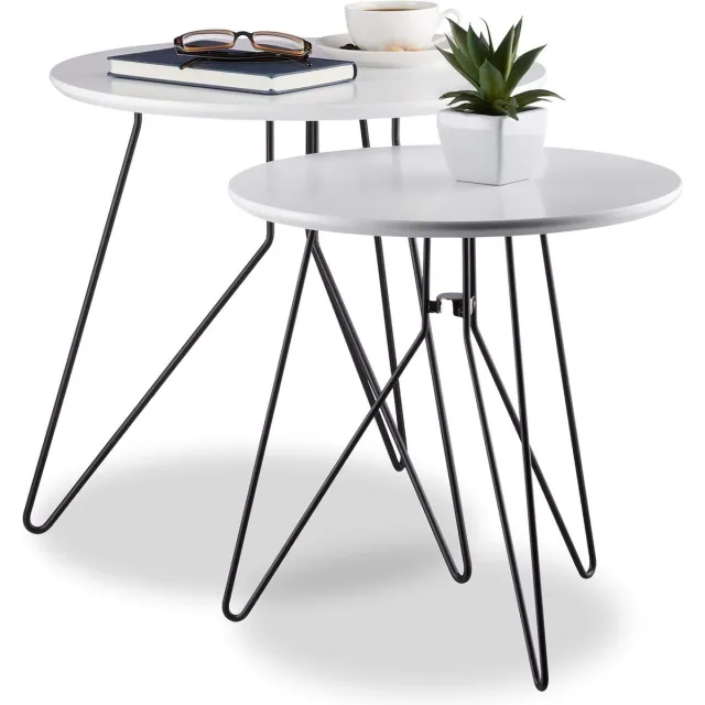 meerklose Bijzettafel set van 2, ronde tafeltjes met metalen frame, tafelblad, 40 en 48 cm, MDF, zwart-wit, standaard