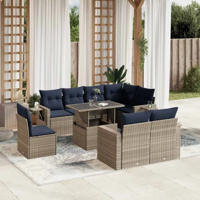 vidaXL 9-delige tuinbankset met kussens, grijs polyrotan, foto 2