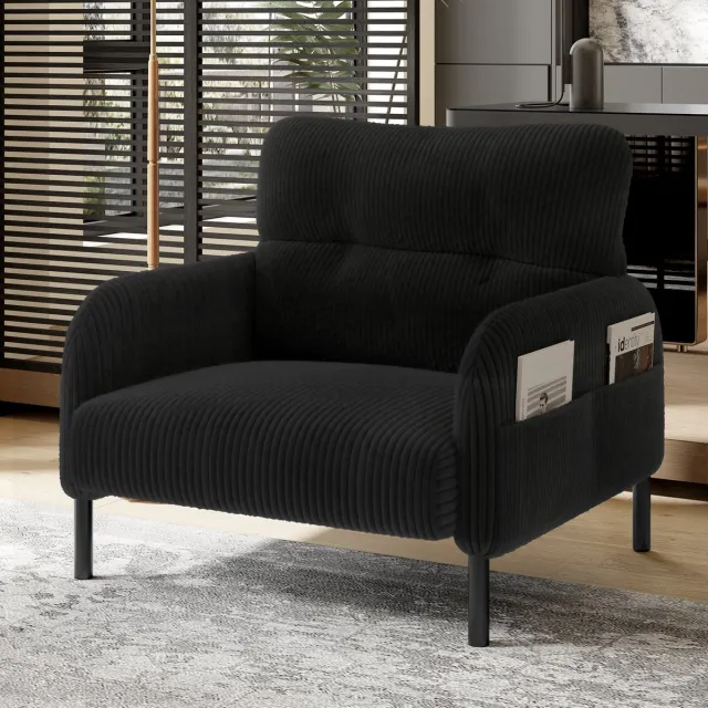 MEUNIQ Fauteuil 67 x 75 x 79 cm met ribfluwelen bekleding, ergonomische rugleuning, armleuningen met zijvakken en metalen poten voor woonkamer, slaapkamer of kantoor - Zwart