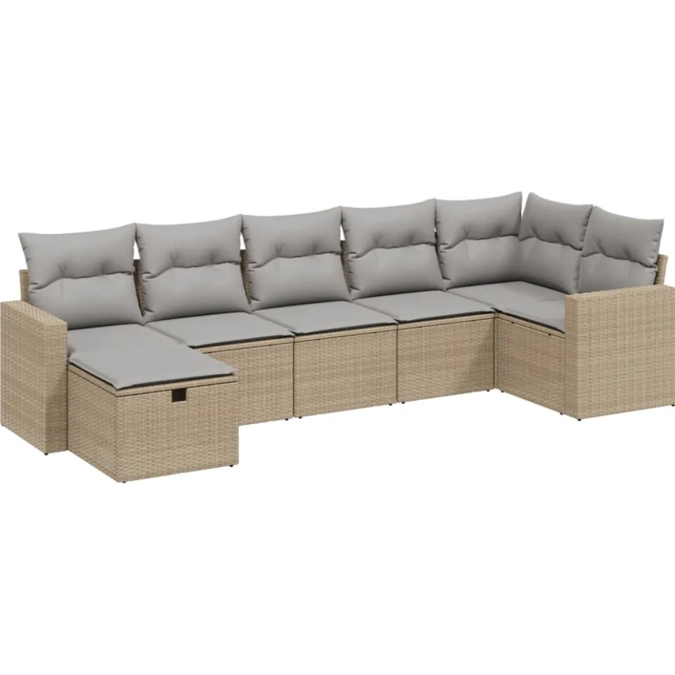 vidaXL 7-delige Loungeset met kussens poly rattan gemengd beige, foto 3