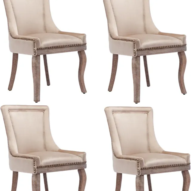 in& out door furniture Luxe eetkamerstoel (Keukenstoel woonkamerstoel, 4 stuks), gestoffeerde stoel met nagelkopversiering, massief houten poten, bekleding van fluweel, beige