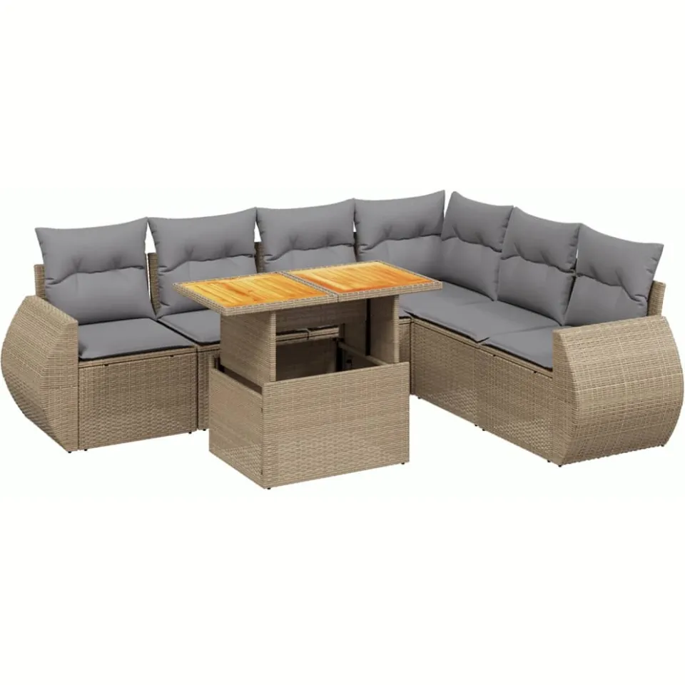 vidaXL 7-delige Loungeset met kussens poly rattan beige, foto 3