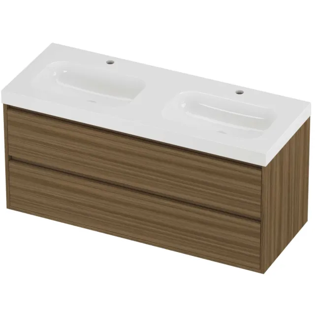 Proline Haga Badmeubelset Polystone Mezza 2 Gaten 120x46x58 cm Glans Wit Caramel Walnut Houtlook