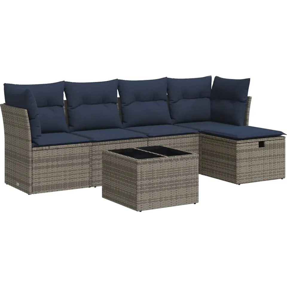 vidaXL 6-delige Loungeset met kussens poly rattan grijs, foto 3