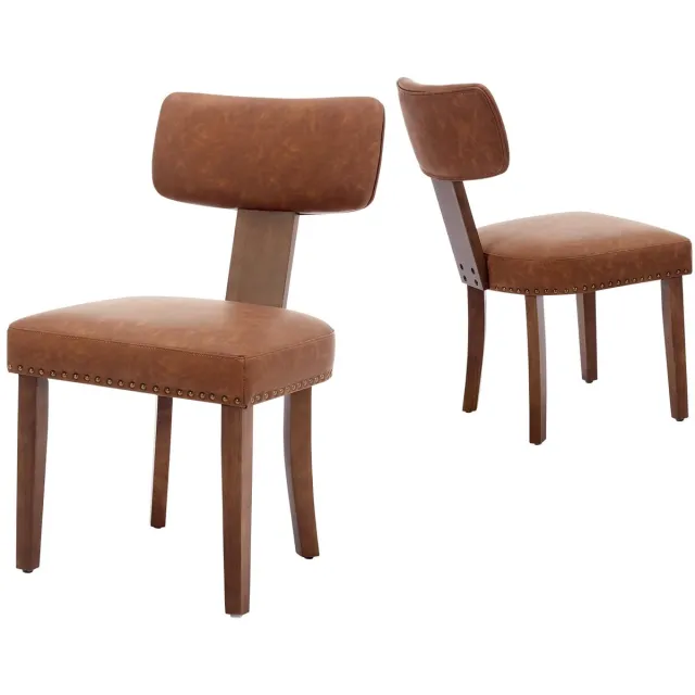 Triumpunpre Set van 2 Eetkamerstoelen - Mid‑Century Moderne Gestoffeerde Stoelen - Houten Frame - Ergonomische Rugleuning voor Keuken en Eetkamer - Lederen Klinknagels | Bruin