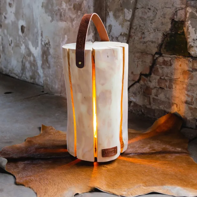 LEDR Wood Light - Cherry Wood L - Leather Edition - bijzettafel met sfeerlicht - robuust 100% hout - 45x25cm bruin