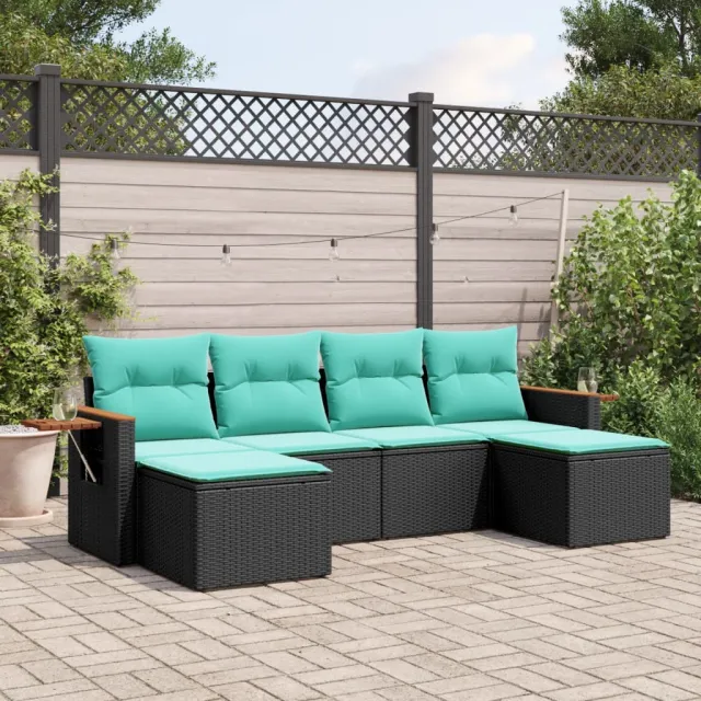 vidaXL 6-delige Loungeset met kussens poly rattan zwart, foto 2