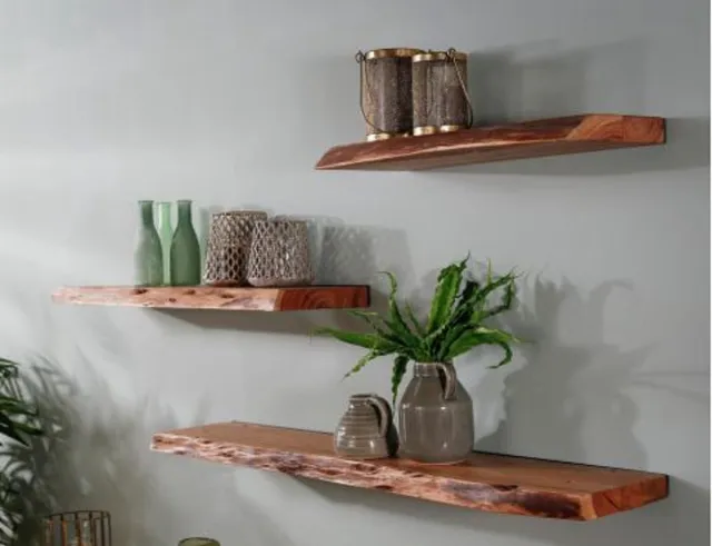 koloniaal teakhuis wandplank-Acaciahout-boekenplank-natuurlijke vorm-40 cm breed-onzichtbare ophanging-Goedkoop lichtbruin
