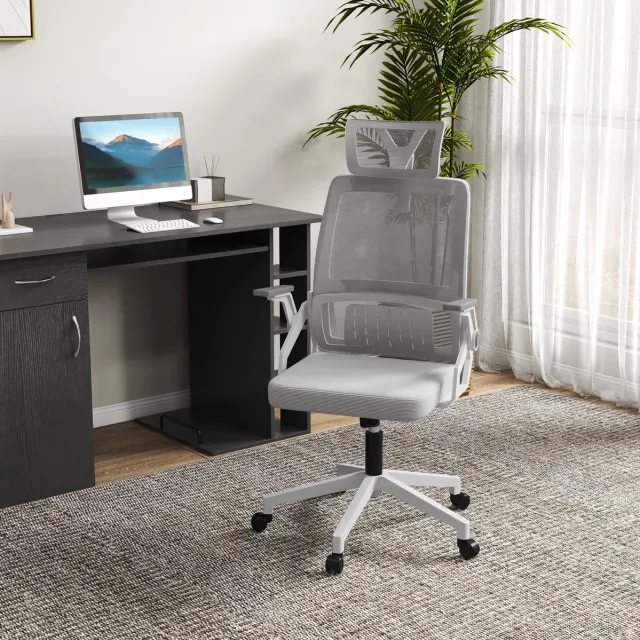 COVREO Bureaustoel 58x61x119 cm grijs, mesh met hoofdsteun en armleuningen
