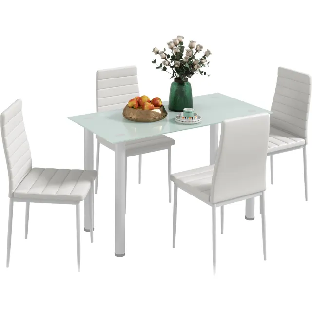 Homcom eetkamerset met glazen tafelblad - Eettafel met 4 stoelen, Eethoek 4 personen - Wit Weiß