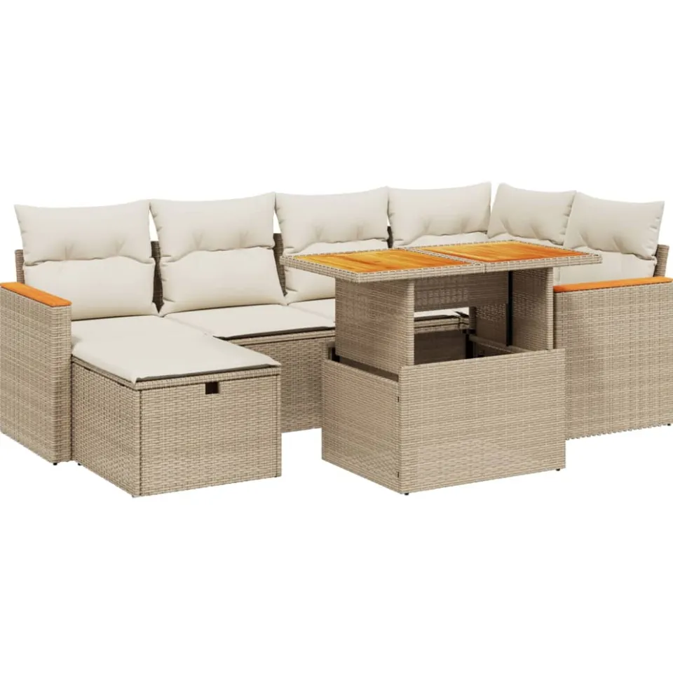 vidaXL 7-delige Loungeset met kussens poly rattan beige, foto 3