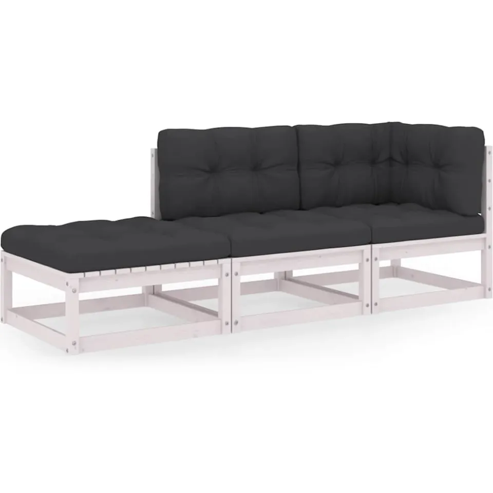 vidaXL 3-delige Loungeset met kussens massief grenenhout Wit