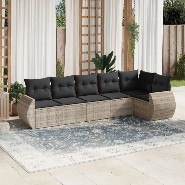 vidaXL 6-delige Loungeset met kussens poly rattan lichtgrijs grijs, foto 2